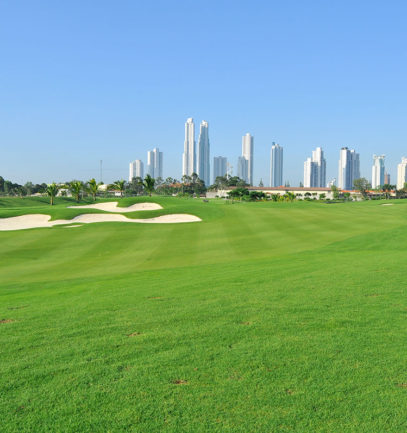 View of Santa Maria Golf Club looking back at skyscrapers in Panama