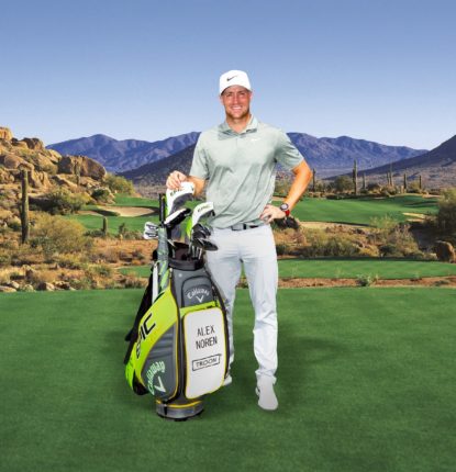 Golfer Alex Noren poses with his golf bag