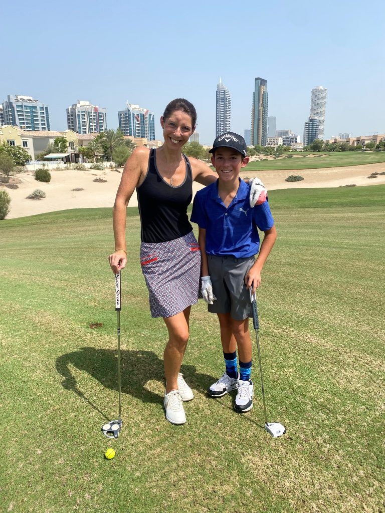 Oscar Nami with his Mum Claire at The Els Club Dubai