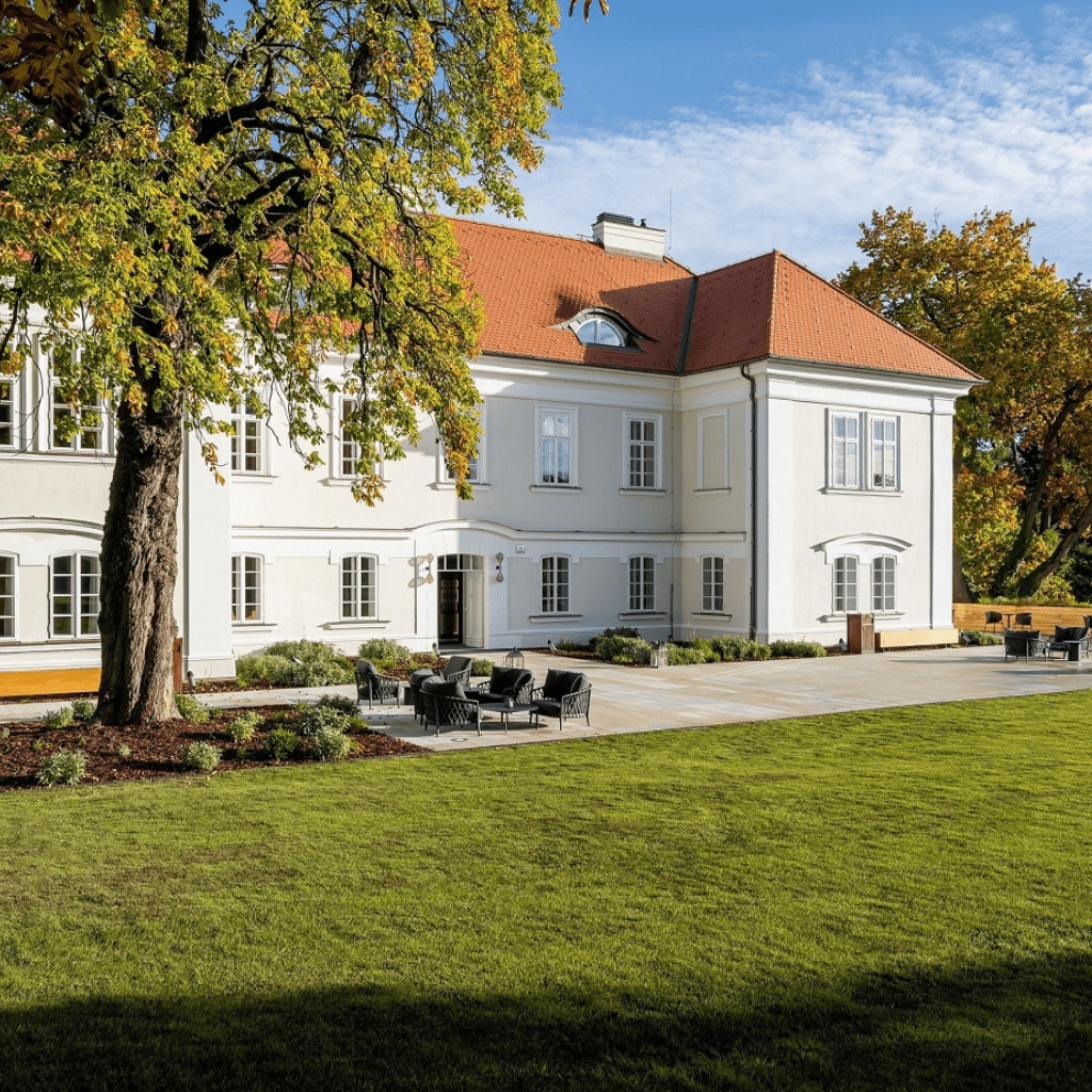 A view of the back of the restored building of the Nebrenice Chateau