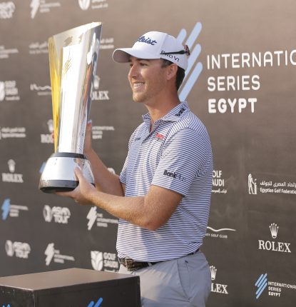 Asian Tour International Series Egypt Winner, Andy Ogletree holding the trophy