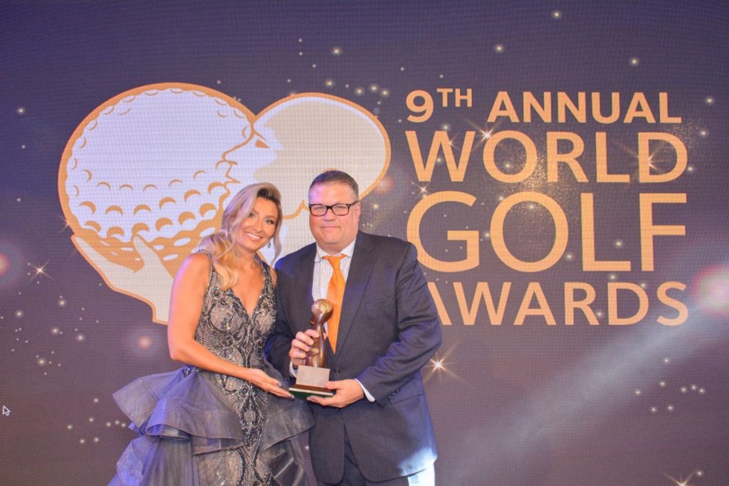 DJ Flanders, Senior Vice President of Troon collecting The Els Club Desaru Coast award for  Malaysia’s Best Golf Course at the World Golf Awards