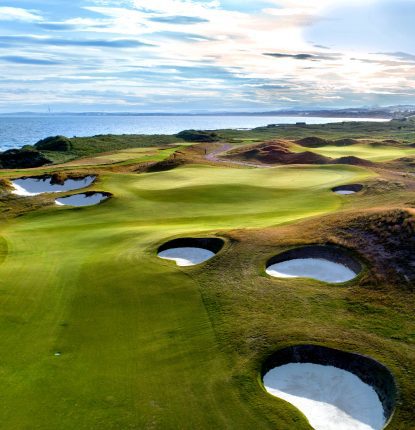 Aerial view of hole 4 at Dumbarnie Links in Scotland