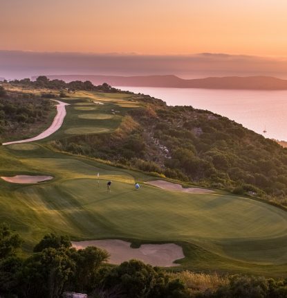 Aerial View of two golfers on the course at Costa Navarino