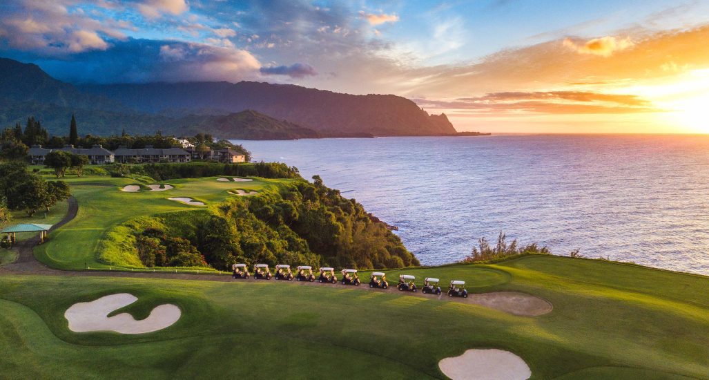 Sunset at Princeville Makai with Golf Cars lined up.