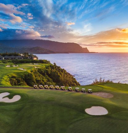 Sunset at Princeville Makai with Golf Cars lined up.