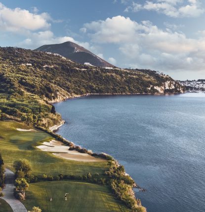 A aerial view of the bay course at Costa Navarino