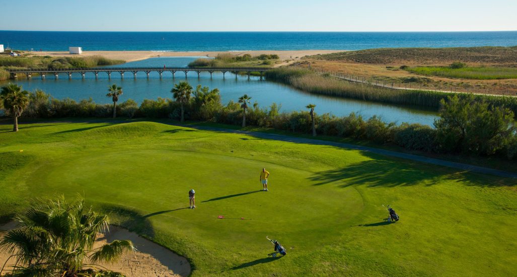 Aerial view of golfers on the course at Salgados Golf Course in Portugal